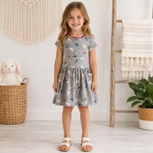 Joules Gray Dog Print Short Sleeve Fit & Flare Girls Dress 7 - 8